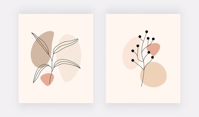 Botanical line art wall art prints with brown shapes and black leaves. 