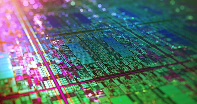 CPU Circuitry Die Shot Technology Background. Colorful data processing on silicon.  Abstract data transfer. AI Processor, Quantum, virtualization of data.   Chip lithography.  3D rendering, 4K loop. 