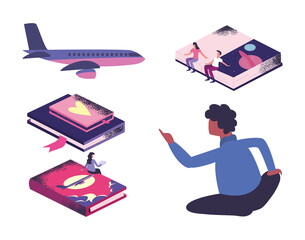 man and people with isometric books set and airplane vector design