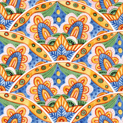 Seigaiha seamless watercolor pattern. Wavy ornament painted with watercolor on paper. Print for textiles, packaging. Handmade.