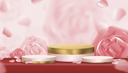 Vector 3D English rose with empty display pink and yellow gold stand,Blooming spring flower with podium on blurry petal background, illustration showcase mock up for  cosmetic or beauty products