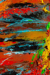 Abstract creative background: streaks and strokes of bright oil paint on linen canvas before tone priming