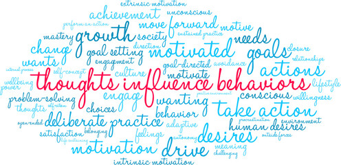 Fototapeta premium Thoughts Influence Behaviors Word Cloud on a white background. 