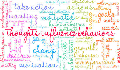 Thoughts Influence Behaviors Word Cloud on a white background. 