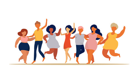 Vector illustration of a set of bodies of positive happy female characters, different, nation, age, The concept of self-acceptance, refusal of diets. Fat, thin girls, women dancing. Banner, poster.