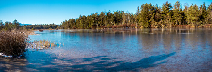 Spiegeleis am gefrorenen Moorsee in Bayern im Winter 