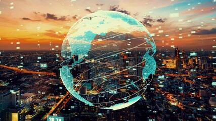 Global connection and the internet network modernization in smart city . Concept of future 5G wireless digital connecting and social media networking .