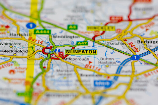 02-19-2021 Portsmouth, Hampshire, UK Nuneaton and surrounding areas shown on a road map or Geography map