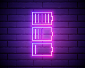 Fototapeta na wymiar Set of battery neon icon. Charger glowing sign. Vector symbol of low and full battery isolated on brick wall