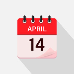 April 14, Calendar icon with shadow. Day, month. Flat vector illustration.