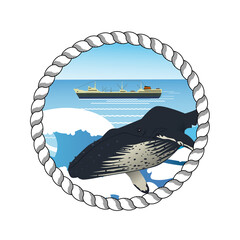 Logo emblem with gray whale and whaling ship - obrazy, fototapety, plakaty