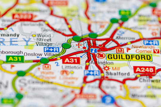 02-19-2021 Portsmouth, Hampshire, UK Guildford and surrounding areas shown on a road map or Geography map
