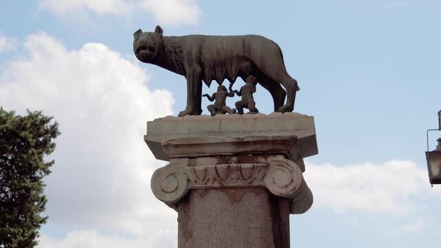 Statue of she-wolf on Capitoline hill against blue sky. Twins founders of Rome city - Romulus and Remus - suckling she-wolf. Icon of Italian capital Rome city. Camera moving up