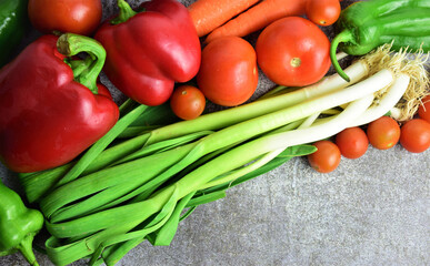 Zenith view, on a stone background, healthy products from the garden and agriculture. Copy space.