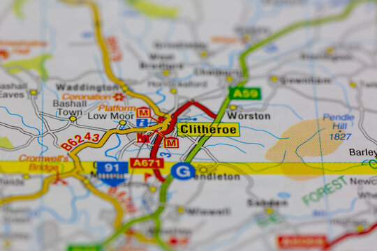 02-19-2021 Portsmouth, Hampshire, UK Clitheroe and surrounding areas shown on a road map or Geography map