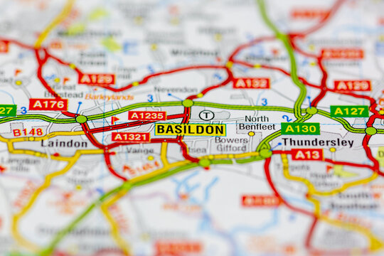 02-19-2021 Portsmouth, Hampshire, UK Basildon and surrounding areas shown on a road map or Geography map