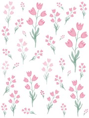 Dainty bell flowers on stems wallpaper on pink and white background (digital illustration)