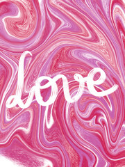 Digital illustration of Love handwritten on a pink textured background for Valentines Day