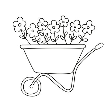 recommend clip art: cart with flowers for gardening in doodle style