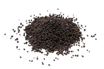 black tea granules isolated on white background. design element. indian beverage tea cut out
