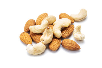 cashew and almond nuts isolated on white background. nuts variation cut out