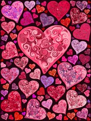 Obraz premium Multicolor pink hearts with swirly marble paper texture wallpaper 