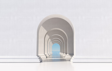 3d rendering. Arch hallway simple geometric background, architectural corridor, portal, arch columns inside empty wall. Modern minimal concept - obrazy, fototapety, plakaty