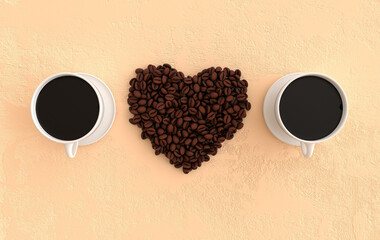 Cup of coffee and realistic coffee beans heart flat lay, 3d rendering background. Masses of coffee beans close up.
