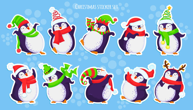 Ten cute penguin characters in different poses and hats. Merry Christmas or new year greetings. Pre-made stickers.Vector illustration in cartoon style.