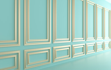 Classic interior walls with copy space. Walls with ornated mouldings panels and wooden floor, classic cornice. Floor parquet. 3d rendering digital interior mock up Illustration. Pastel colors
