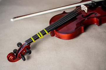 Close view of a classical small violin, strings and bridge over a beige blanket background
