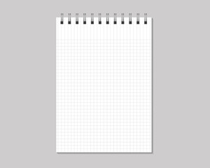Notepad mock up isolated on gray background. Blank pages, copybook with metal spiral template. Realistic closed notepad vector illustration