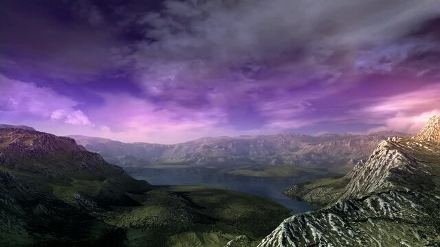 3D model of a landscape with a fantastic purple sky.