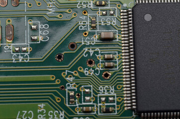Closeup of electronic circuit board with processor