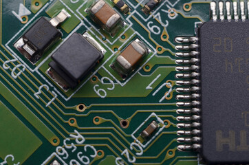 Closeup of electronic circuit board with processor