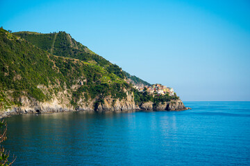 Naklejka premium The Cinque Terra or Five Lands in the North Western coast of Italy are 5 scenic villages linked by sea ferry and train. They are Monterosso al Mare, Vernazza, Corniglia, Manarola, and Riomaggiore.