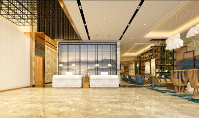 3d render of luxury hotel reception lobby - obrazy, fototapety, plakaty