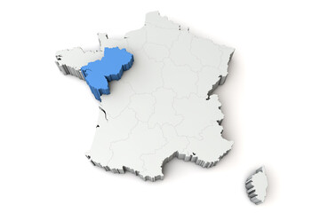 Map of France showing pays de la loire region. 3D Rendering