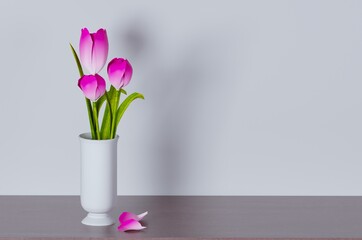 pink tulips in white ceramic vase on wooden table on background white wall, 3d rendering