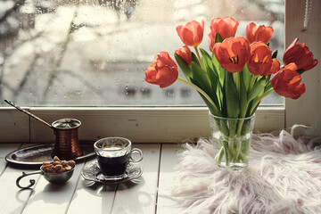 Oriental coffee in traditional Turkish copper coffee pot with flowers on window sill. Wooden...