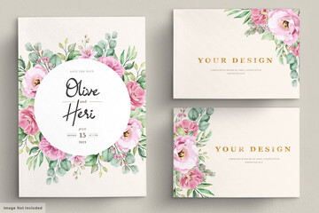 Floral wedding invitation template set with pink roses flowers and leaves