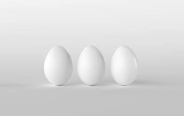 White easter eggs on white background. 3d render, digitally generated template. Happy Easter eggs big hunt or sale banner