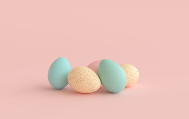 Pastel beige, pink and green easter eggs on pink background. 3d render, digitally generated template. Happy Easter big hunt or sale banner