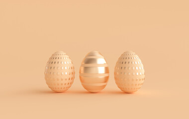 Pastel beige and glossy golden easter eggs on beige background. 3d render, digitally generated template. Happy Easter big hunt or sale banner