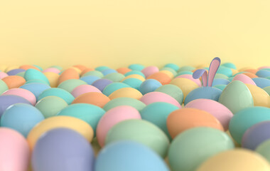 Colorful Easter eggs with rabbit ears background. Happy Easter big hunt or sale banner, mockup template. April holiday - Easter. Cute bunny, egg 3d rendering