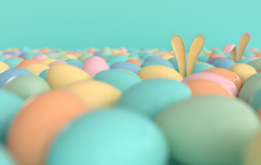 Colorful Easter eggs with rabbit ears background. Happy Easter big hunt or sale banner, mockup template. April holiday - Easter. Cute bunny, egg 3d rendering