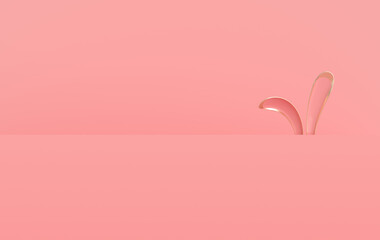 Golden and pink ester bunny rabbit ears on pink background. 3d render, digitally generated template. Happy Easter big hunt or sale banner