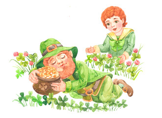 Obraz na płótnie Canvas The little green man Leprechaun sleeps with a pot of gold, and the boy found it in clover flowers and looks at him. Watercolor drawing for St. Patrick's Day.