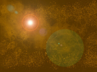 Obraz na płótnie Canvas Sistema solar con el sol brillando y flares verdes sobre fondo marrón.