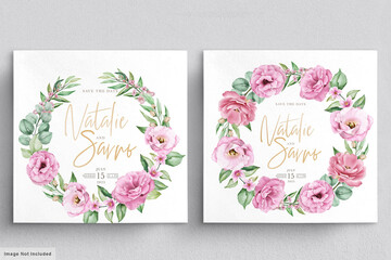 Floral wedding invitation template set with pink roses flowers and leaves